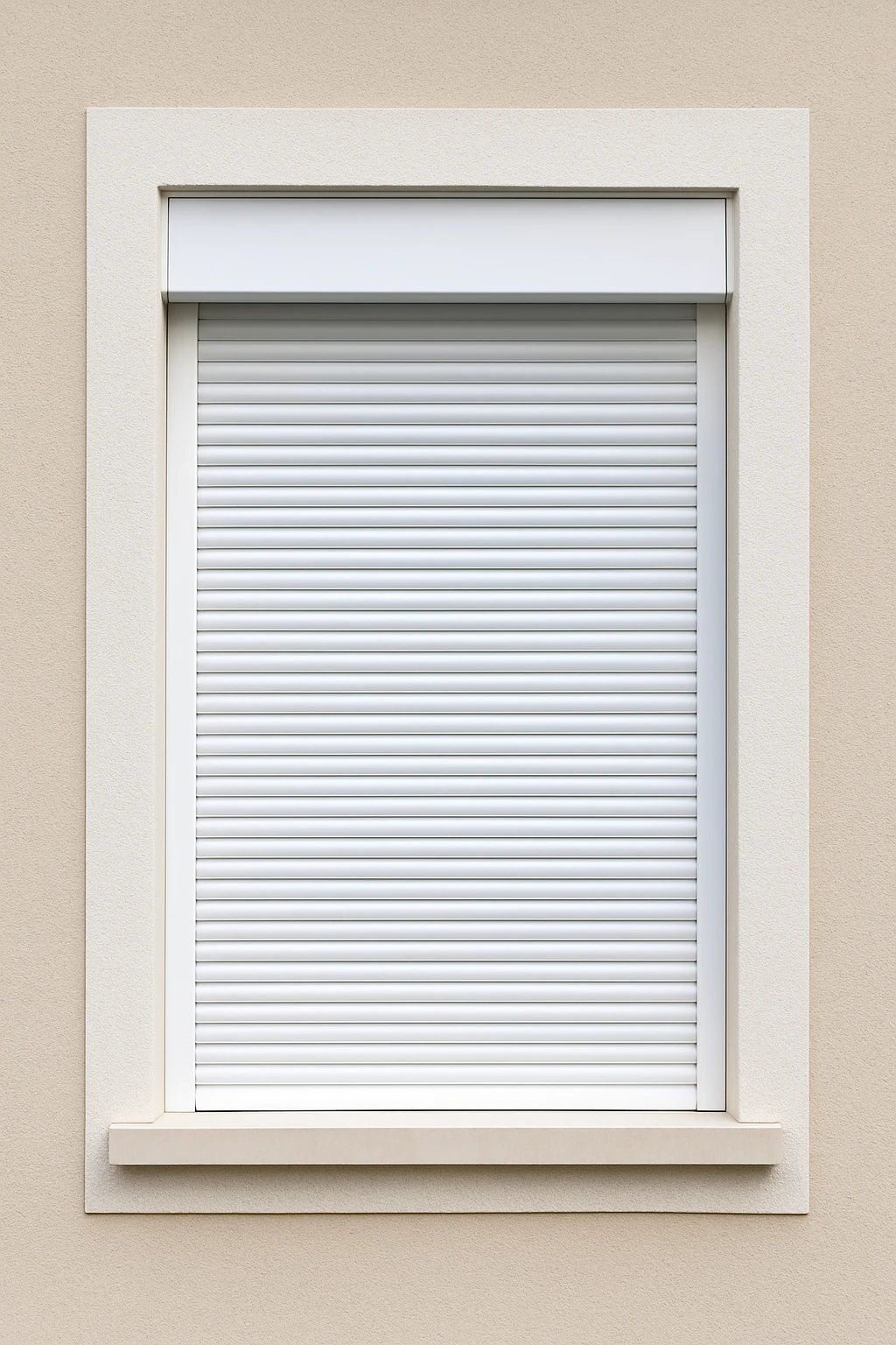render-per-ok02 Ventana con persiana enrollable blanca cerrada instalada en fachada de vivienda en Murcia, mejora de seguridad y aislamiento